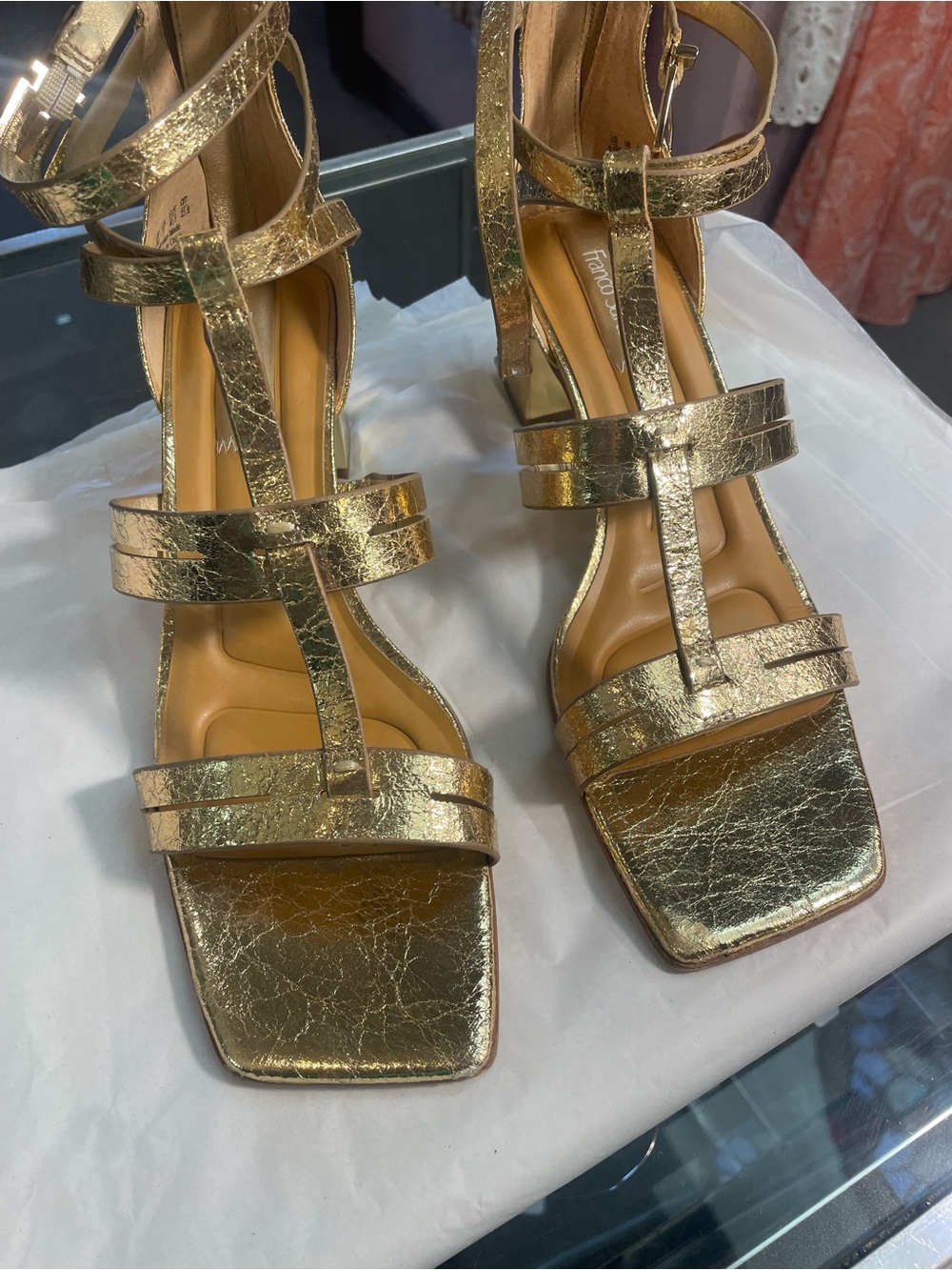 Franco Sarto Gold Metallic Strappy Block Heel Sandals - Picture 3 of 9